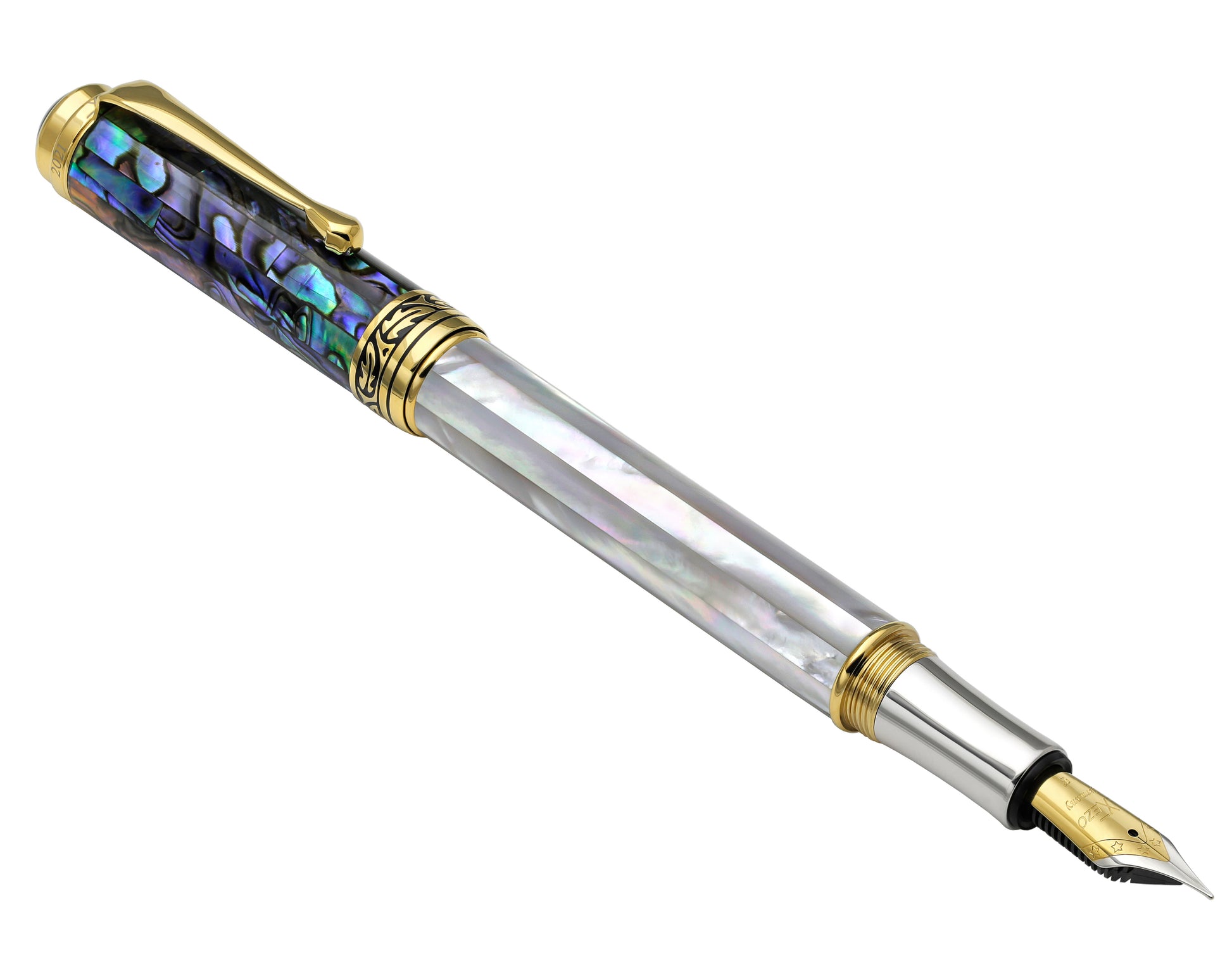 Xezo - Angled 3D view of the front of the Maestro MOP Sea Shell F Fountain pen