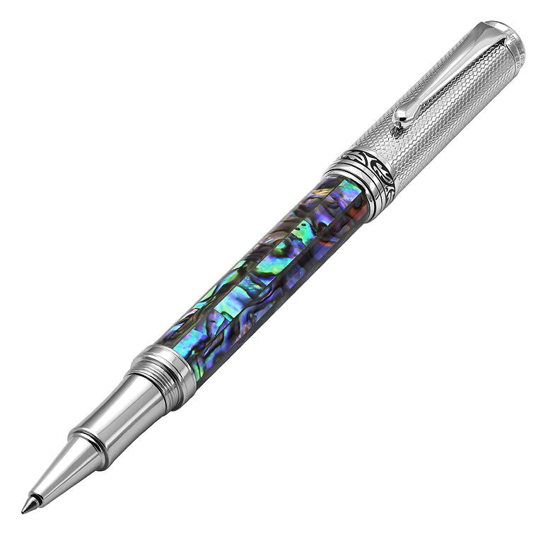 Xezo - Angled front view of the Maestro Paua Abalone Chrome R rollerball pen, with the cap posted on the end of the barrel