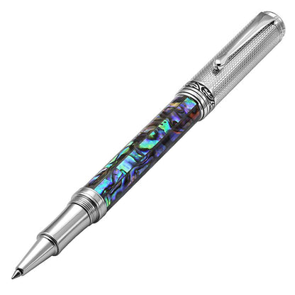 Xezo - Angled front view of the Maestro Paua Abalone Chrome R rollerball pen, with the cap posted on the end of the barrel