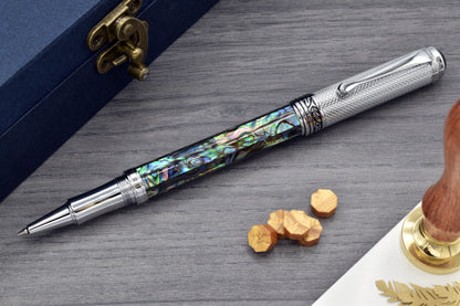 Maestro Paua Abalone Chrome R Rollerball pen with a wax sealing kit