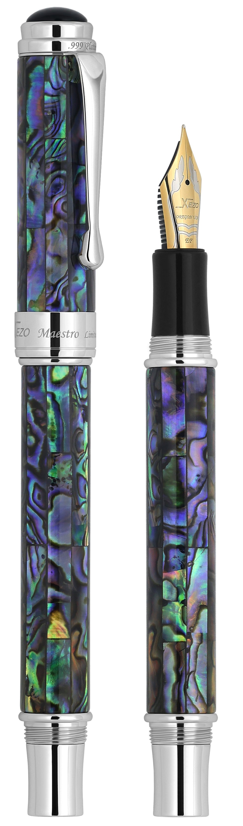 Xezo - Vertical view of two Maestro Sea Shell FP-EF Fountain pens; the one on the left is capped, and the one on the right is uncapped