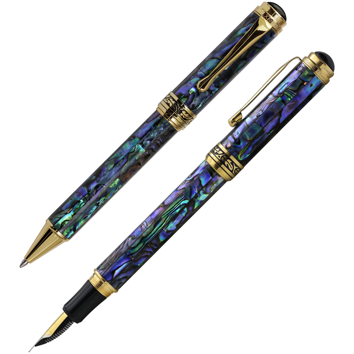 Maestro® Paua Abalone Sea Shell Fountain Pen (Fine Nib) and Ballpoint Pen Set - 18K Gold Plated