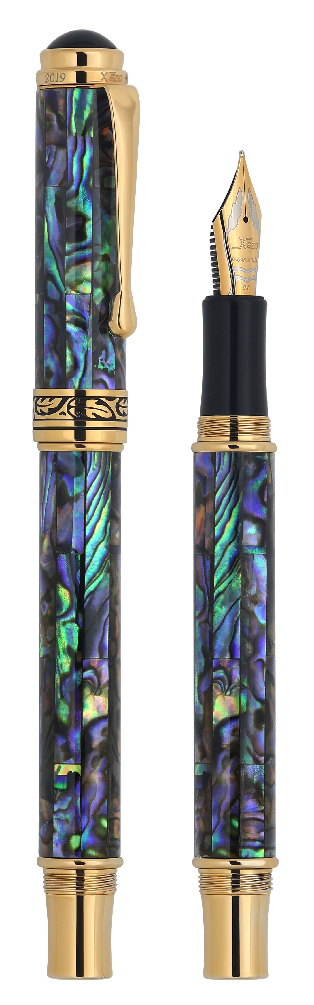 Xezo - Vertical view of two Maestro Sea Shell FPG-FM2 Fountain pens; the one on the left is capped, and the one on the right is uncapped