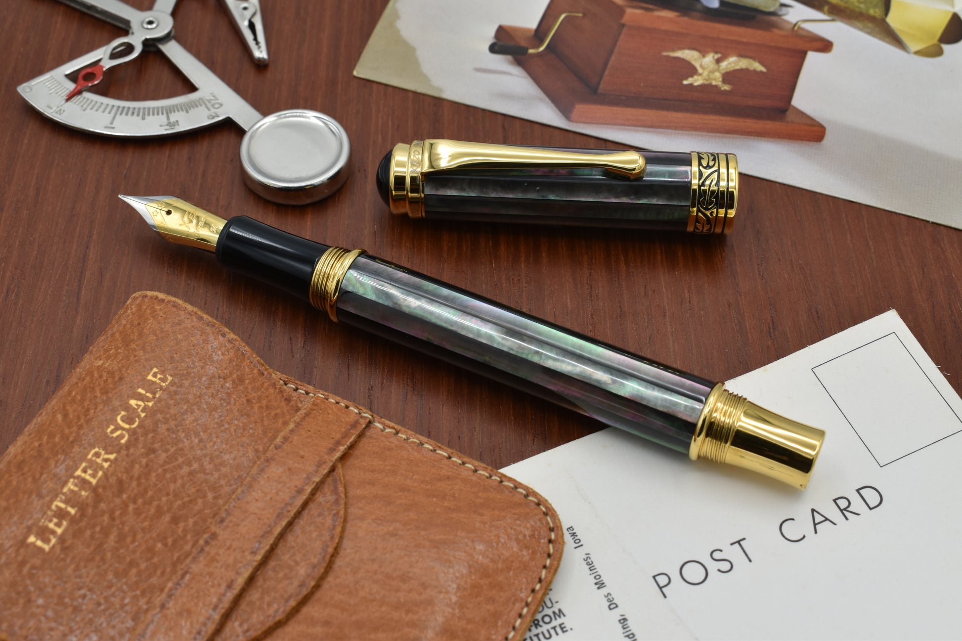 Maestro Tahitian Black MOP FM Fountain pen with vintage letter scale and post cards