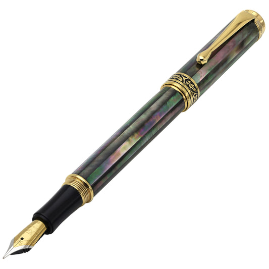 Xezo - Angled 3D view of the front of the Maestro Tahitian Black MOP F Fountain pen