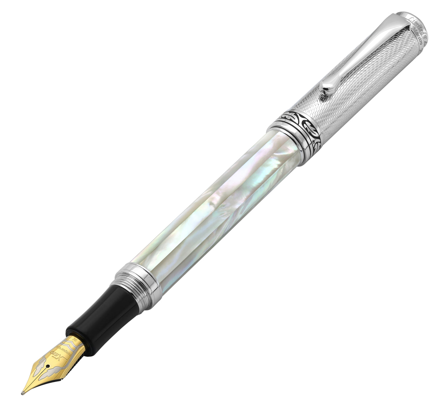 Xezo - Angled 3D view of the front of the Maestro White MOP Chrome FM-2 Fountain pen