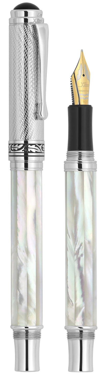 Xezo - Vertical view of two Maestro White MOP Chrome FM-2 Fountain pens; the one on the left is capped, and the one on the right is uncapped