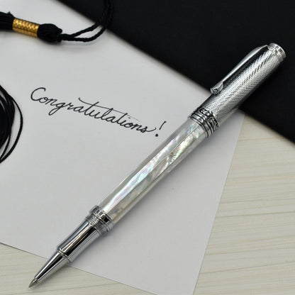 Maestro White MOP Chrome R-2 Rollerball pen with a graduation and a note that reads "Congratulations!"