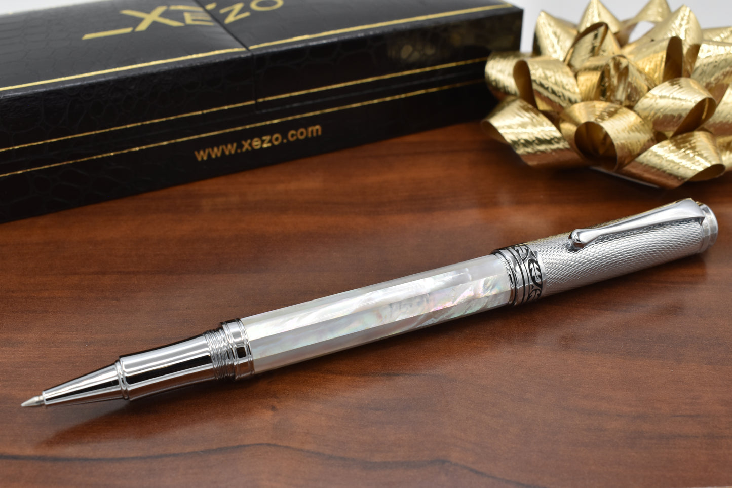 Maestro White MOP Chrome R-2 Rollerball pen with clamshell box and gold bow