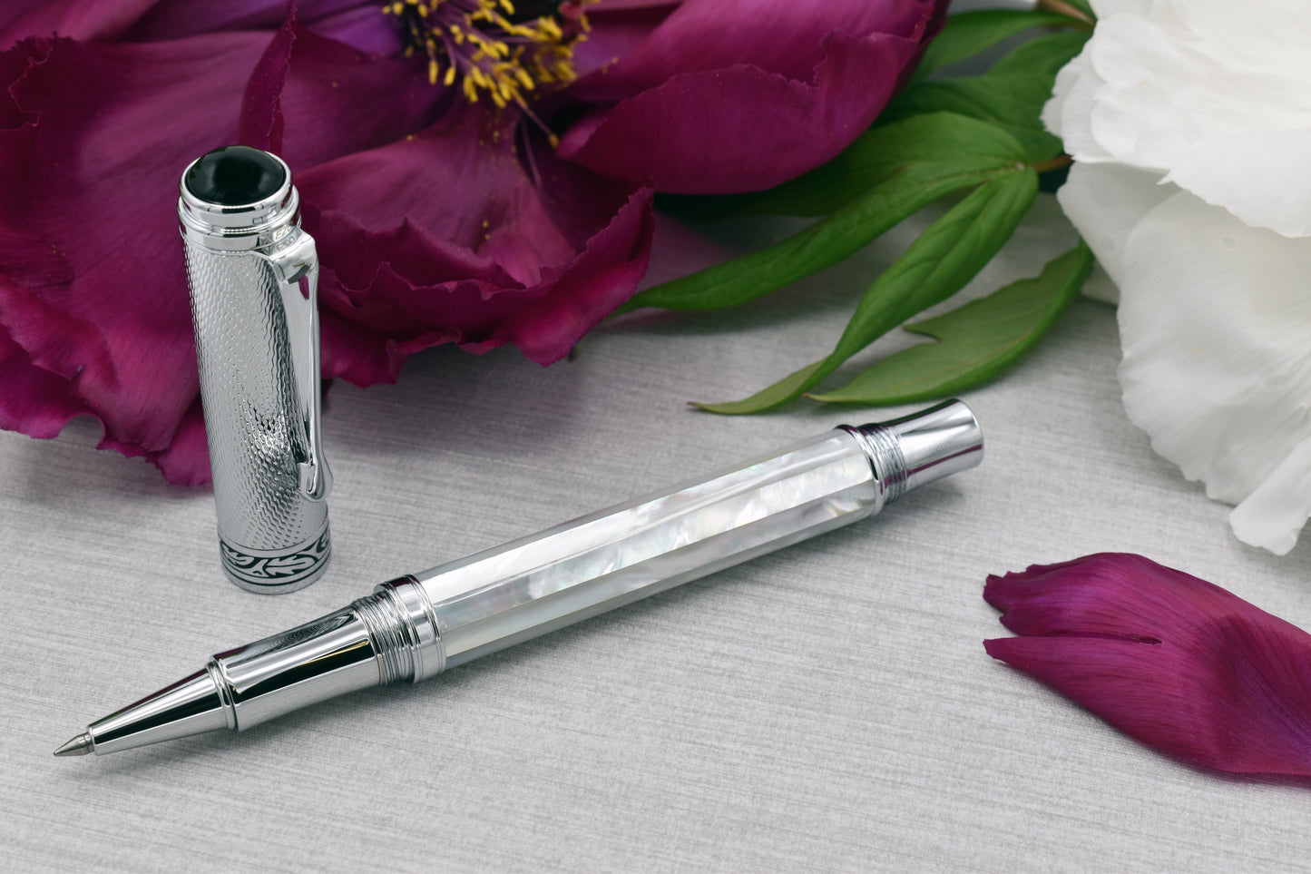 Maestro White MOP Chrome R-2 Rollerball pen with a peony flower