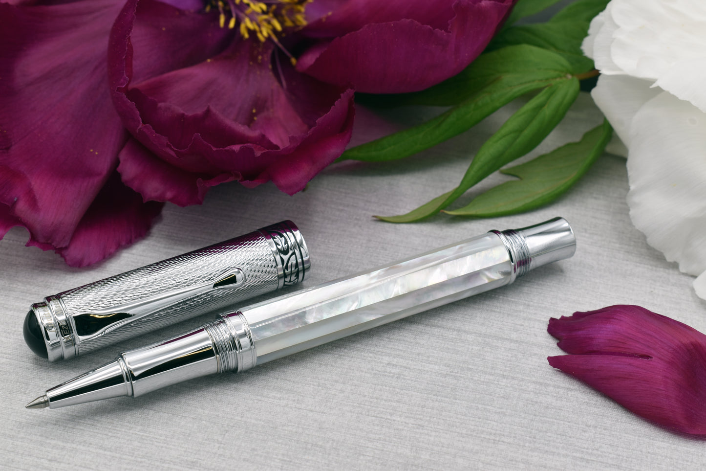 Maestro White MOP Chrome R-2 Rollerball pen with a peony flower