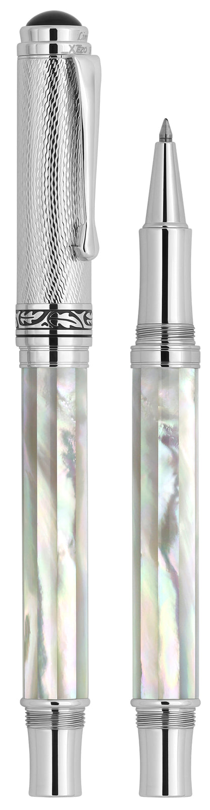 Xezo - Vertical view of two Maestro White MOP Chrome R-2 Rollerball pens; the one on the left is capped, and the one on the right is uncapped