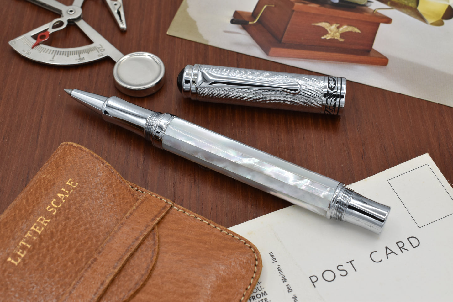 Maestro White MOP Chrome R-2 Rollerball pen with vintage letter scale and post cards