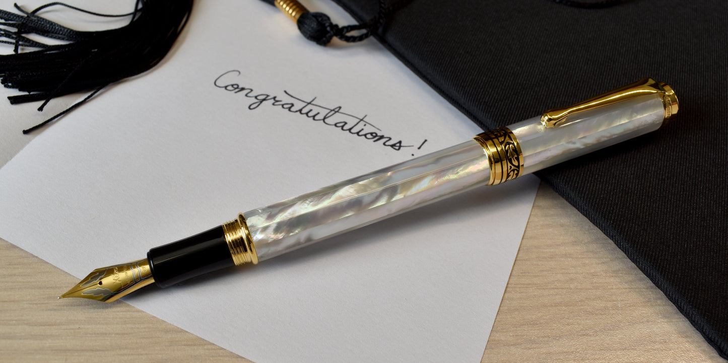 Maestro White MOP EF Fountain pen with a graduation cap and a note that reads "Congratulations!"