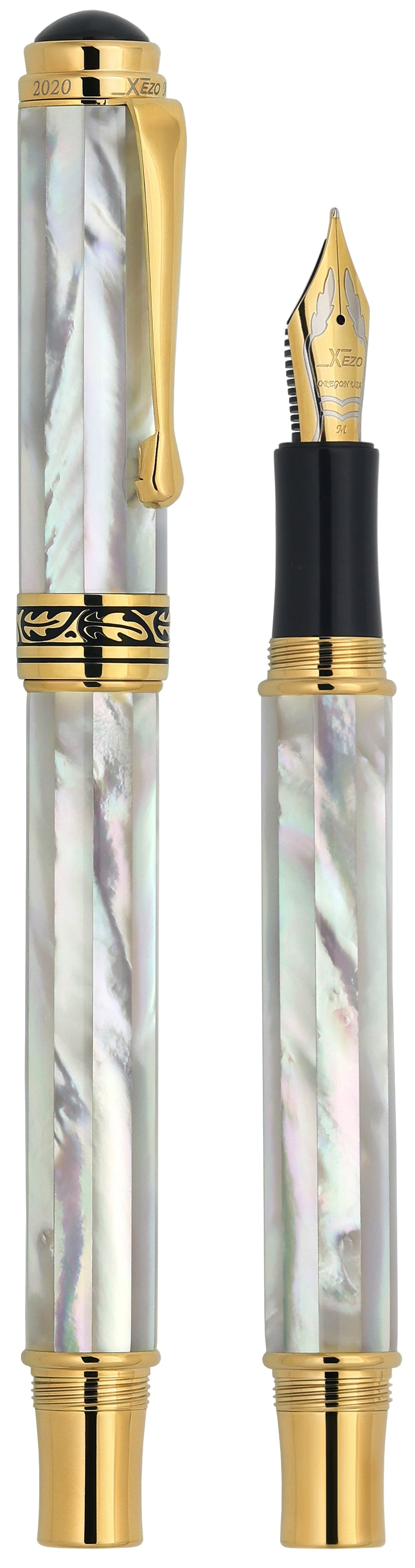 Xezo - Vertical view of two Maestro White MOP FM-2 Fountain pens; the one on the left is capped, and the one on the right is uncapped