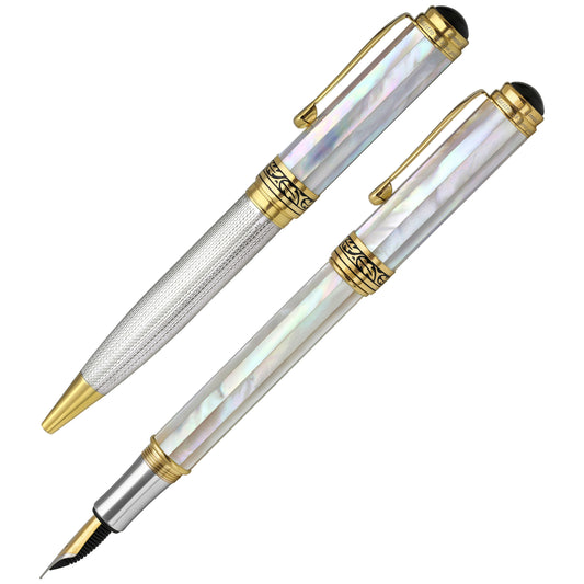 Maestro® Oceanic White Mother of Pearl Fountain Pen (Medium Nib) and 925 Sterling Silver Ballpoint Pen Set - 18K Gold Plated