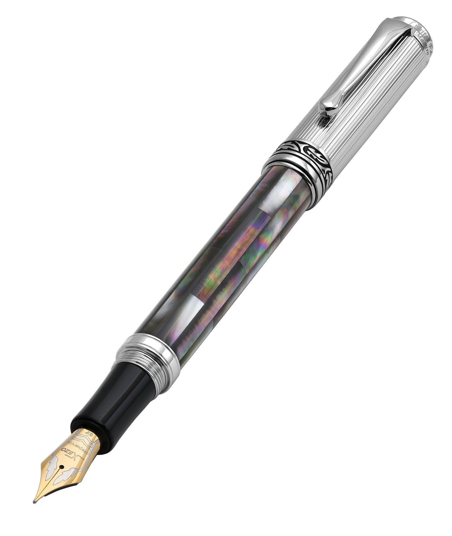 A luxury fountain pen with a polished silver-tone metal cap and nib, a black grip, and a clear coated barrel showcasing an iridescent, rainbow-reflective black mother of pearl inlay.