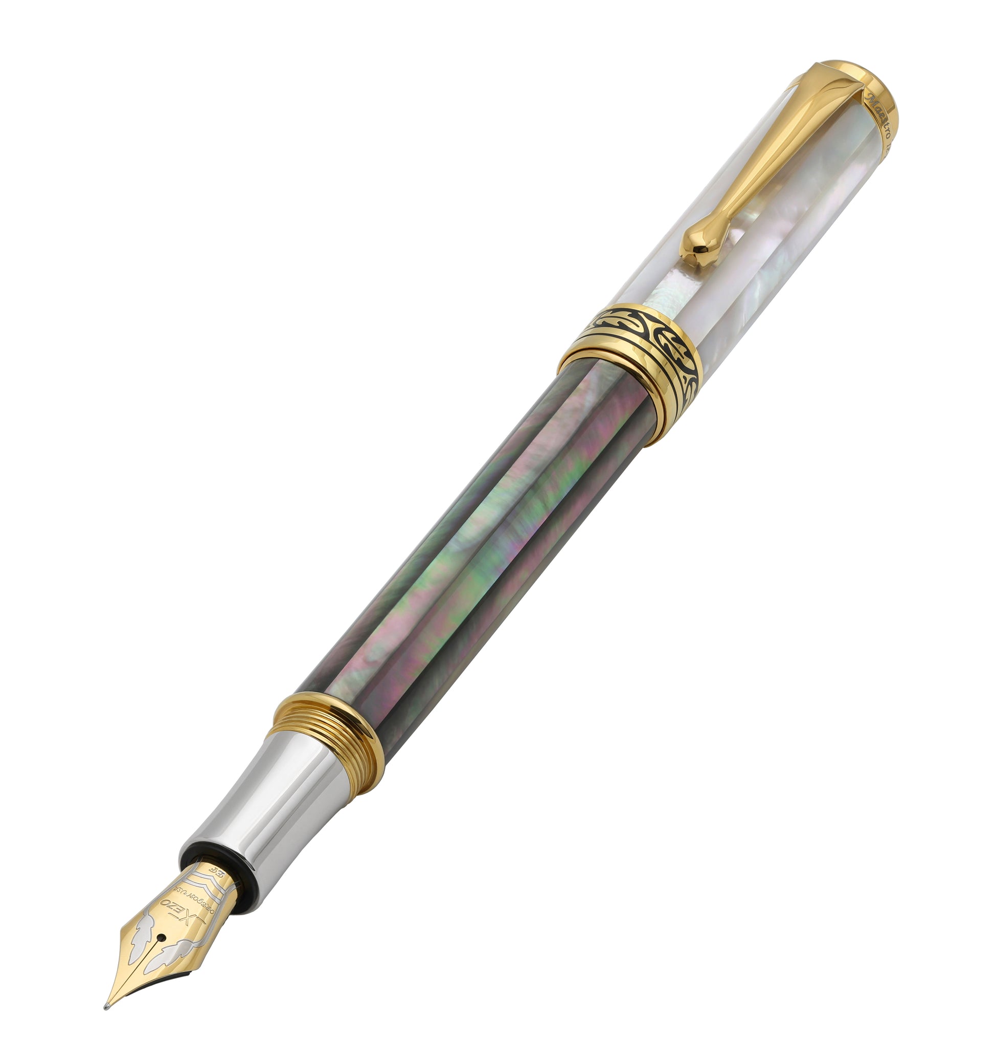 Maestro Black and White MOP EFG model. A luxury fountain pen with a translucent mother-of-pearl barrel showing iridescent green, purple, and gold tones, accented with gold-plated trim, a gold clip, and a silver and gold nib.
