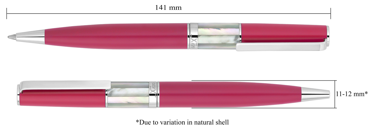 Xezo - Vertical view of two Speed Master Cerise B-WC Ballpoint pens; the one on the left has the point in, and the one on the right has the point out; Length is labeled 141 mm, width is labeled 11-12mm (Due to variation in natural shell)