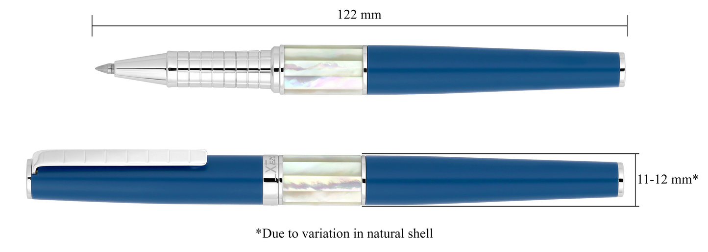 Xezo - Vertical view of two Speed Master Lapis Blue R-WC Rollerball pens; the one on the left is capped, and the one on the right is uncapped; Length is labeled 122 mm, width is labeled 11-12mm (Due to variation in natural shell)