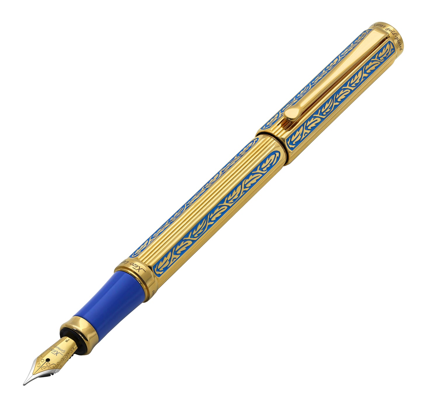 Legionnaire Diamond-Cut 18K Gold-Layered Fountain Pen (Fine 0.35 mm Nib) – Hand-Etched Egyptian Blue Lacquer