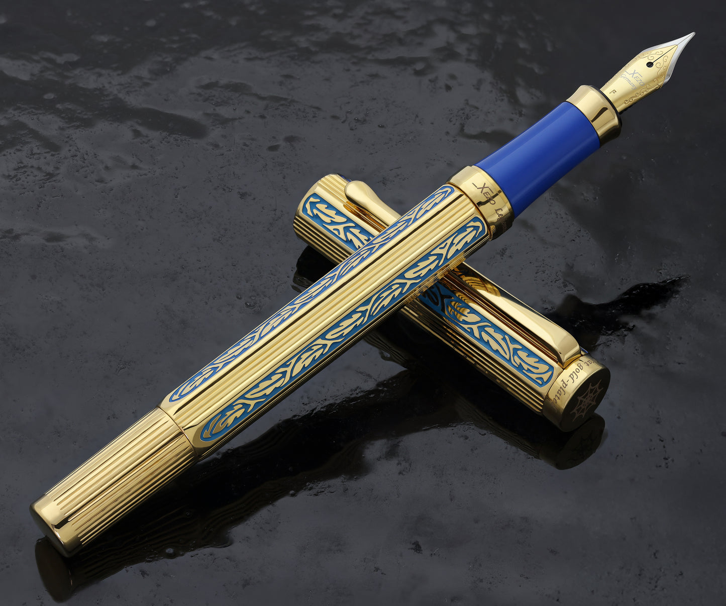 Legionnaire Diamond-Cut 18K Gold-Layered Fountain Pen (Fine 0.35 mm Nib) – Hand-Etched Egyptian Blue Lacquer