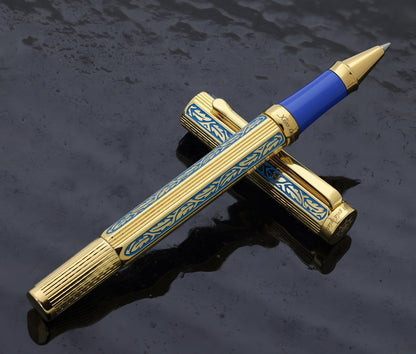 Legionnaire Diamond-Cut 18K Gold-Layered Rollerball Pen – Finely Hand-Etched Egyptian Blue Lacquer, 0.6 mm Fine Point