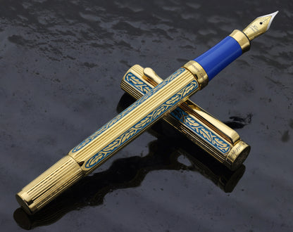 Legionnaire Diamond-Cut Fountain Pen – Finely Hand-Etched Brass, 18K Gold Layered with Egyptian Blue Lacquer, Medium-Fine 0.45 mm Nib