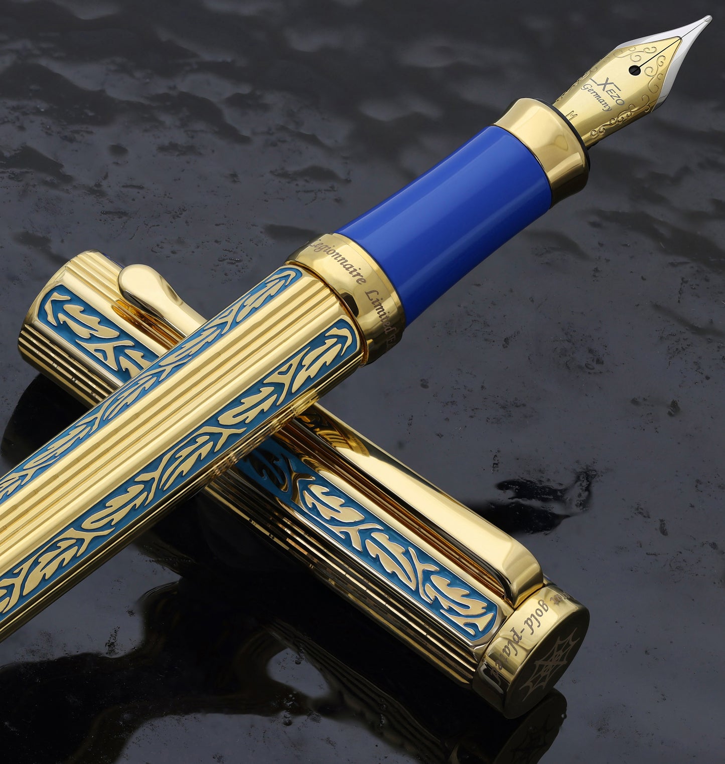 Legionnaire Diamond-Cut Fountain Pen – Finely Hand-Etched Brass, 18K Gold Layered with Egyptian Blue Lacquer, Medium-Fine 0.45 mm Nib