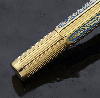 Legionnaire Diamond-Cut 18K Gold-Layered Fountain Pen (Fine 0.35 mm Nib) – Hand-Etched Egyptian Blue Lacquer