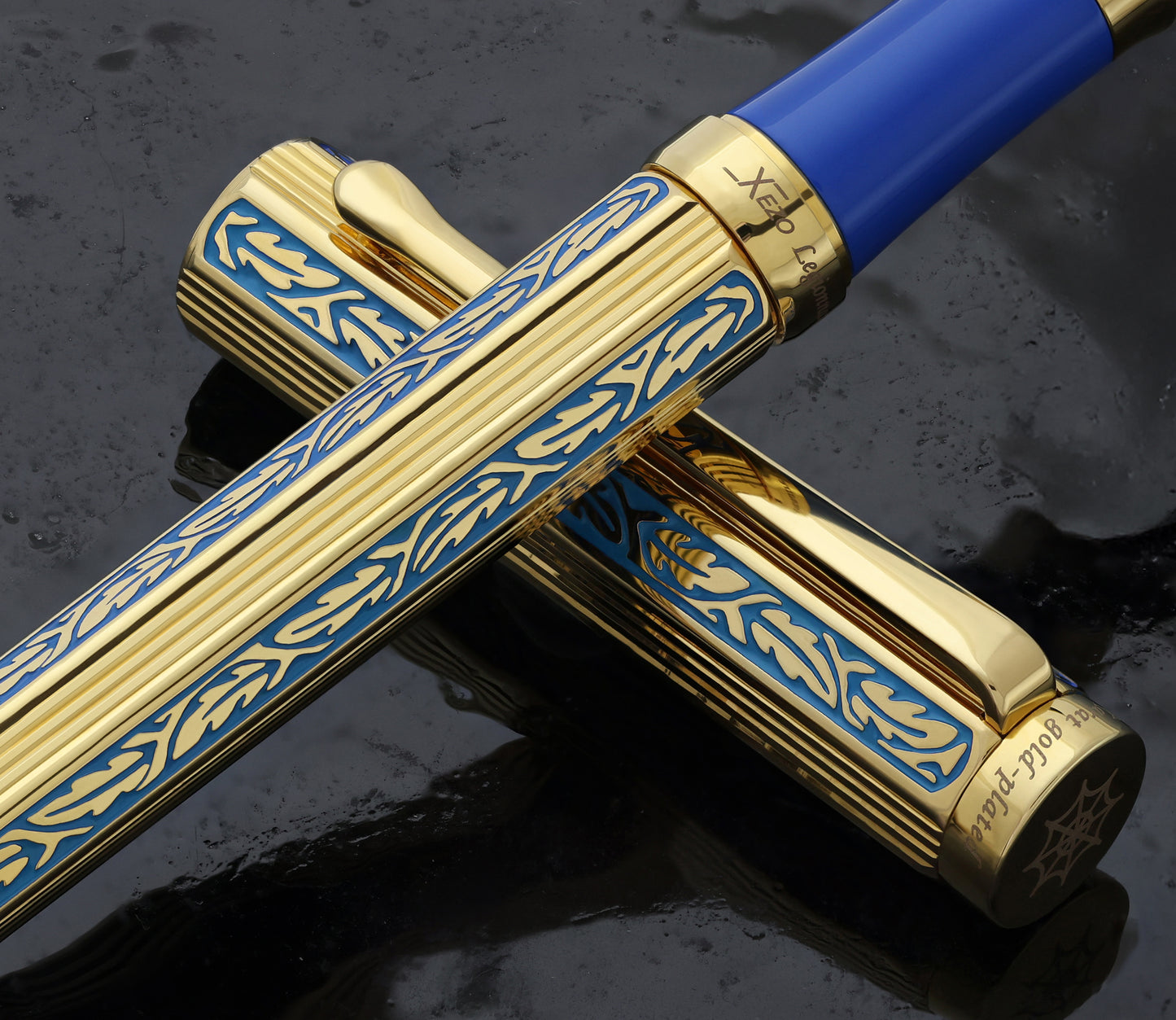 Legionnaire Diamond-Cut 18K Gold-Layered Fountain Pen (Fine 0.35 mm Nib) – Hand-Etched Egyptian Blue Lacquer