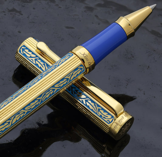 Legionnaire Diamond-Cut 18K Gold-Layered Rollerball Pen – Finely Hand-Etched Egyptian Blue Lacquer, 0.6 mm Fine Point