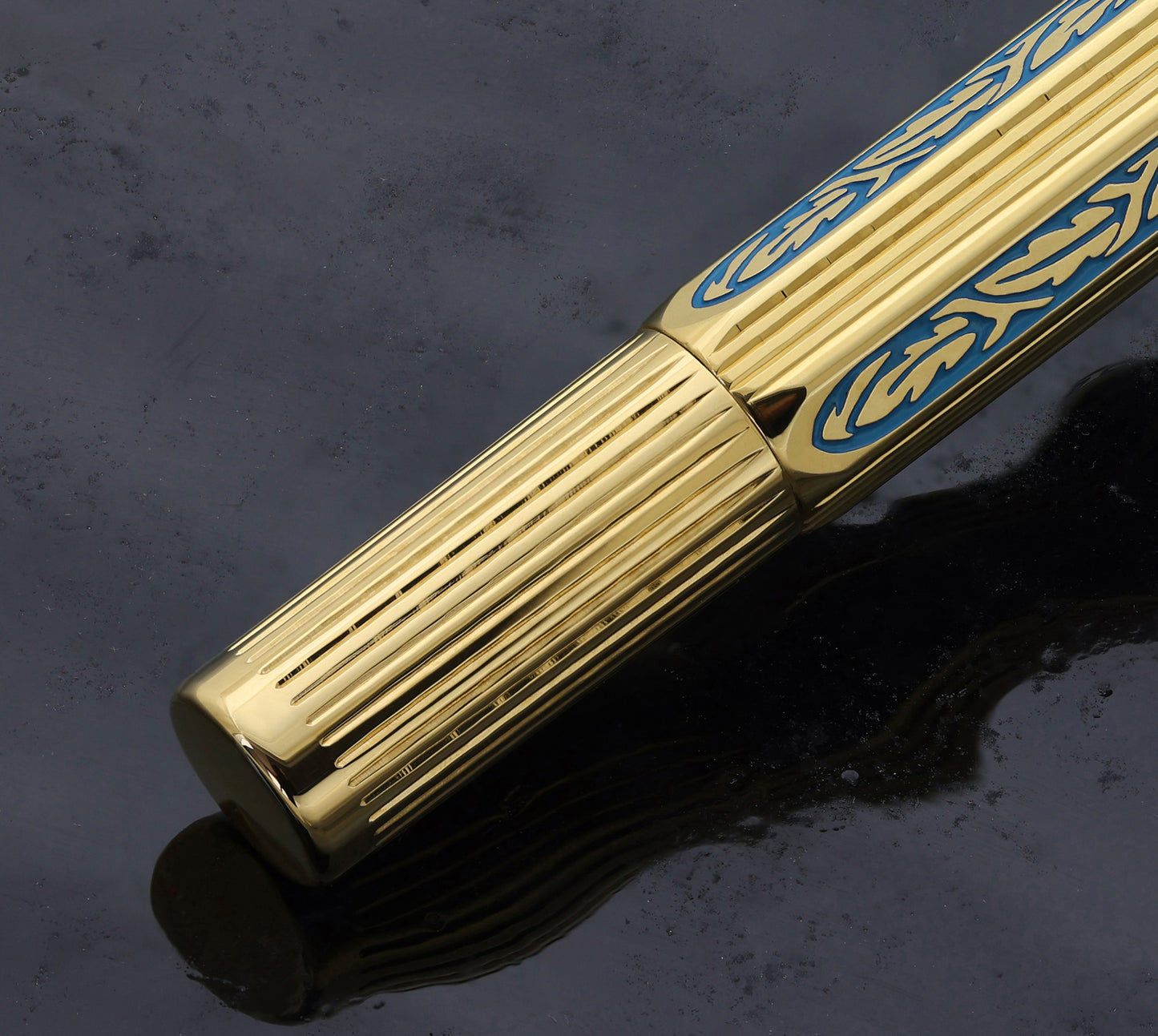 Legionnaire Diamond-Cut Fountain Pen – Finely Hand-Etched Brass, 18K Gold Layered with Egyptian Blue Lacquer, Medium-Fine 0.45 mm Nib