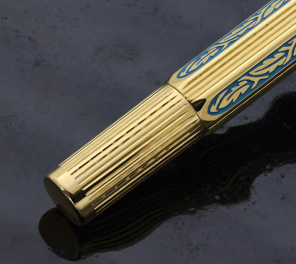Legionnaire Diamond-Cut Fountain Pen – Finely Hand-Etched Brass, 18K Gold Layered with Egyptian Blue Lacquer, Medium-Fine 0.45 mm Nib