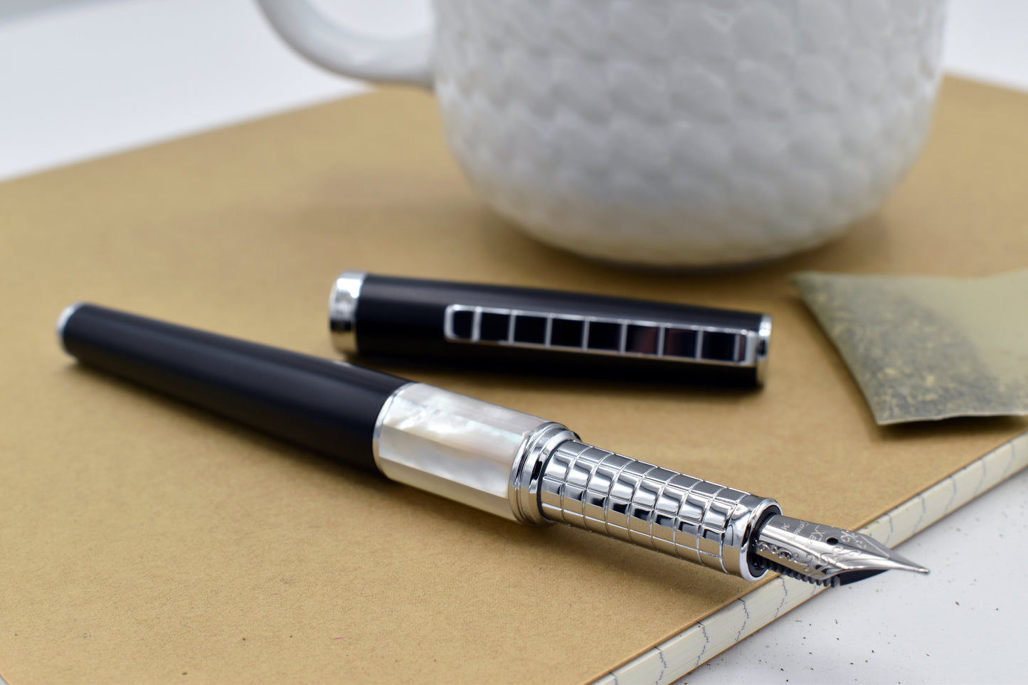 Speed Master Black FM-WC Fountain pen next to a mug
