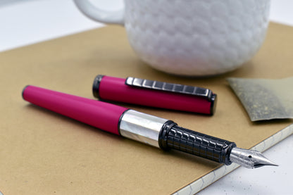 Speed Master Cerise F-WGM Fountain pen next to a mug