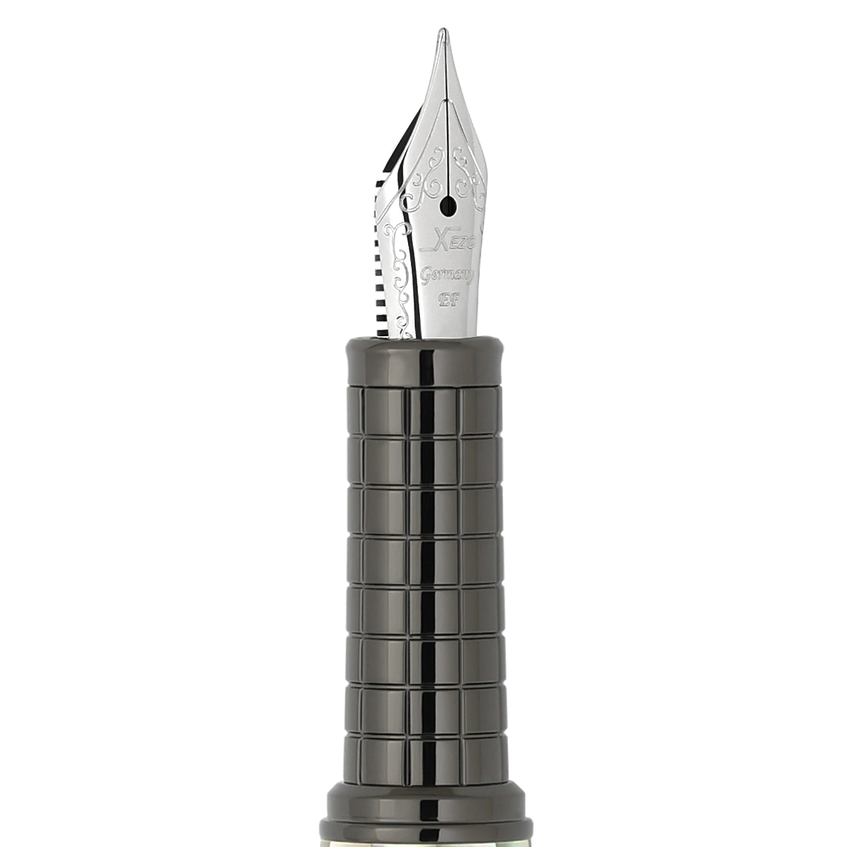 Close-up of Speedmaster Extra Fine fountain pen nib with gunmetal grip