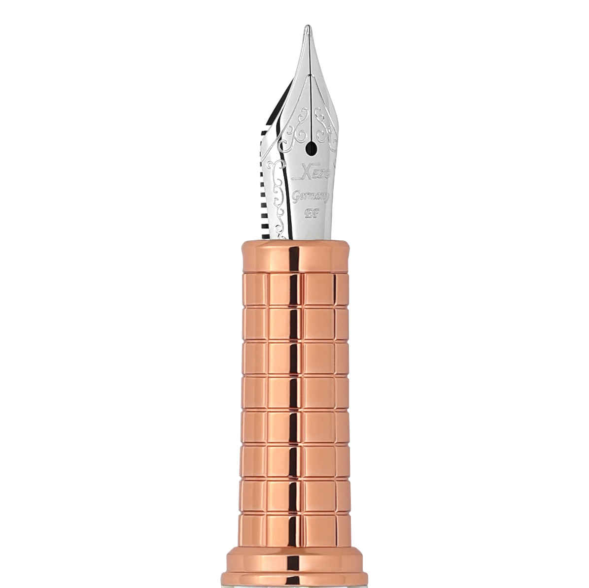 Close-up of Speedmaster Extra Fine Fountain Pen Nib with rose gold grip