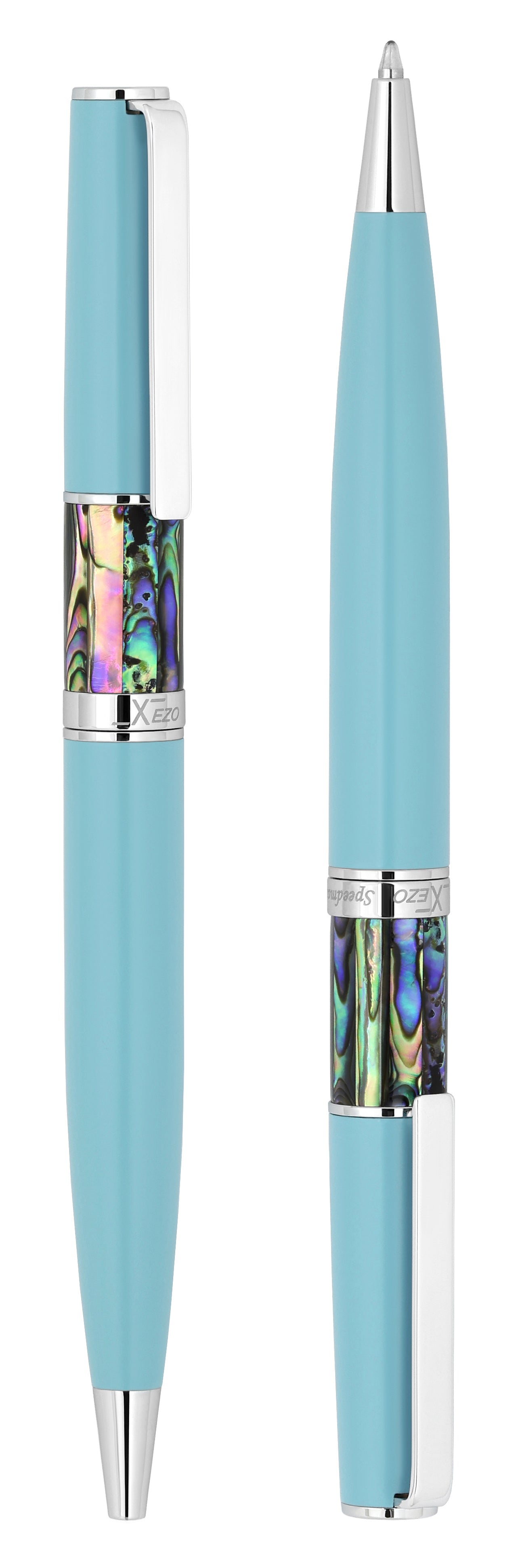Xezo - Vertical view of two Speed Master Sky Blue B-AC Fountain pens; the one on the left is capped, and the one on the right is uncapped