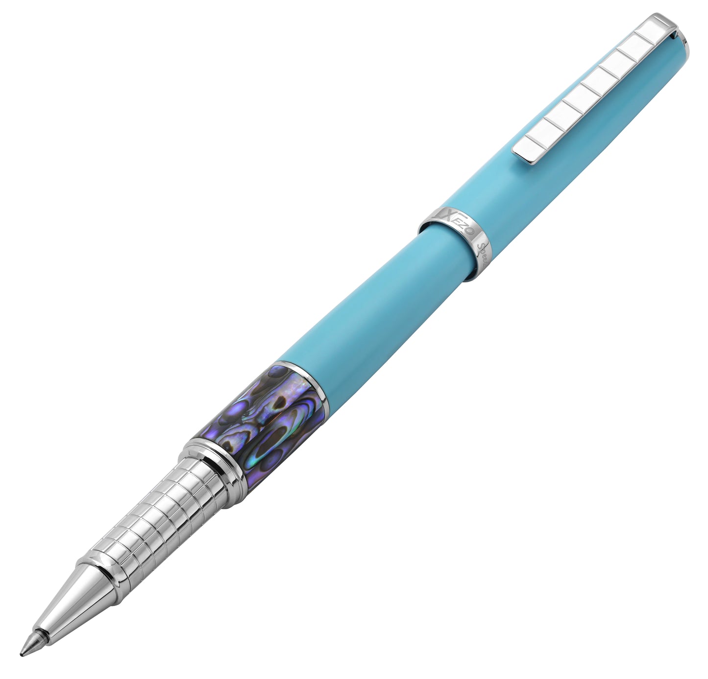 Xezo - Vertical view of two Speed Master Sky Blue R-AC Rollerball pens; the one on the left is capped, and the one on the right is uncapped