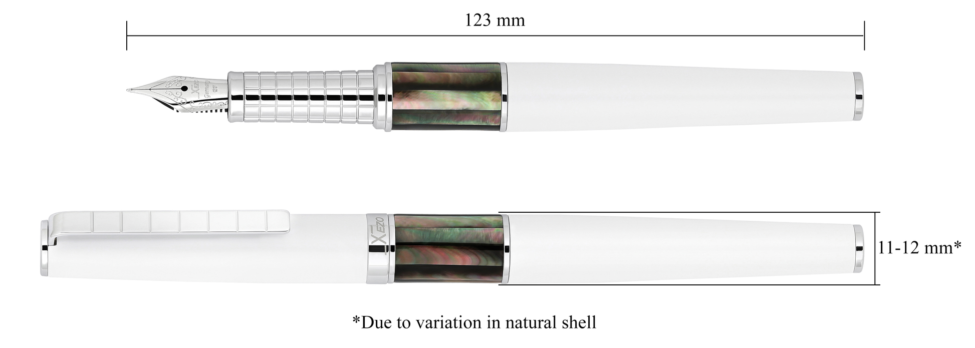 Xezo - Vertical view of two Speed Master White EF-BC Fountain pens; the one on the left is capped, and the one on the right is uncapped; Length is labeled 123 mm, width is labeled 11-12mm (Due to variation in natural shell)
