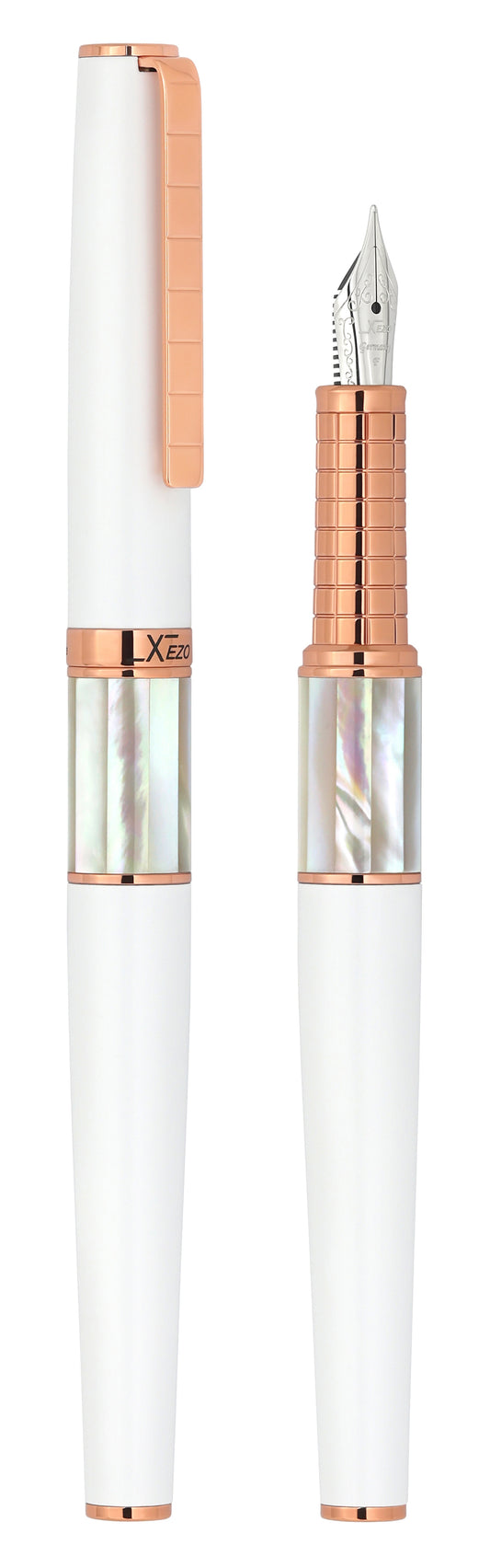 Xezo - Vertical view of two Speed Master White F-WRG Fountain pens; the one on the left is capped, and the one on the right is uncapped
