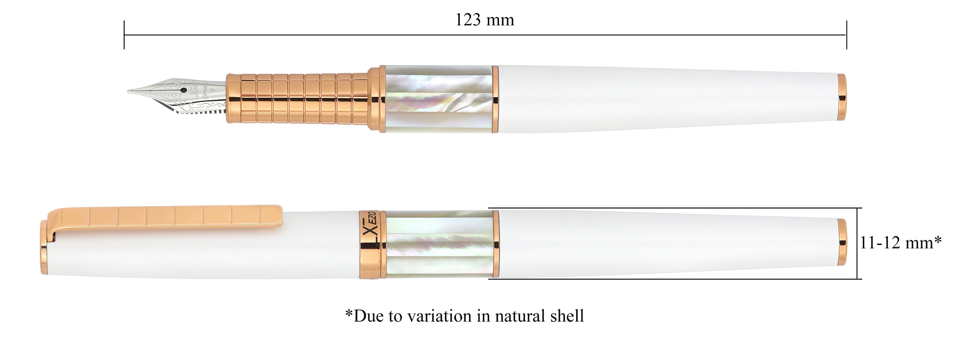 Xezo - Vertical view of two Speed Master White F-WRG Fountain pens; the one on the left is capped, and the one on the right is uncapped; Length is labeled 123 mm, width is labeled 11-12mm (Due to variation in natural shell)