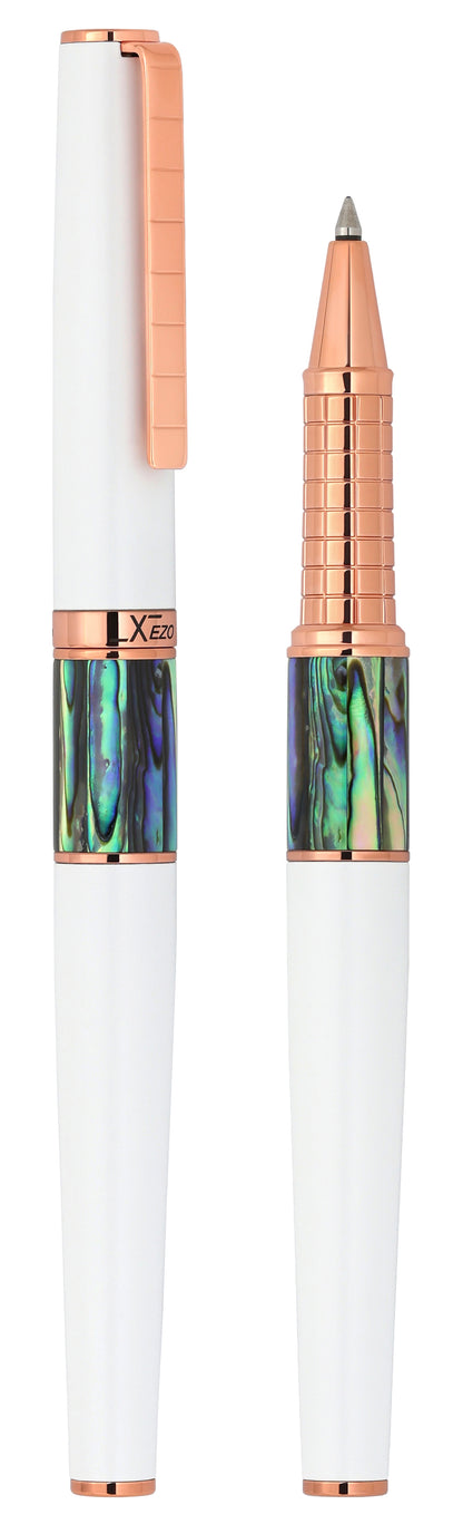 Xezo - Vertical view of two Speed Master White R-ARG Rollerball pens; the one on the left is capped, and the one on the right is uncapped