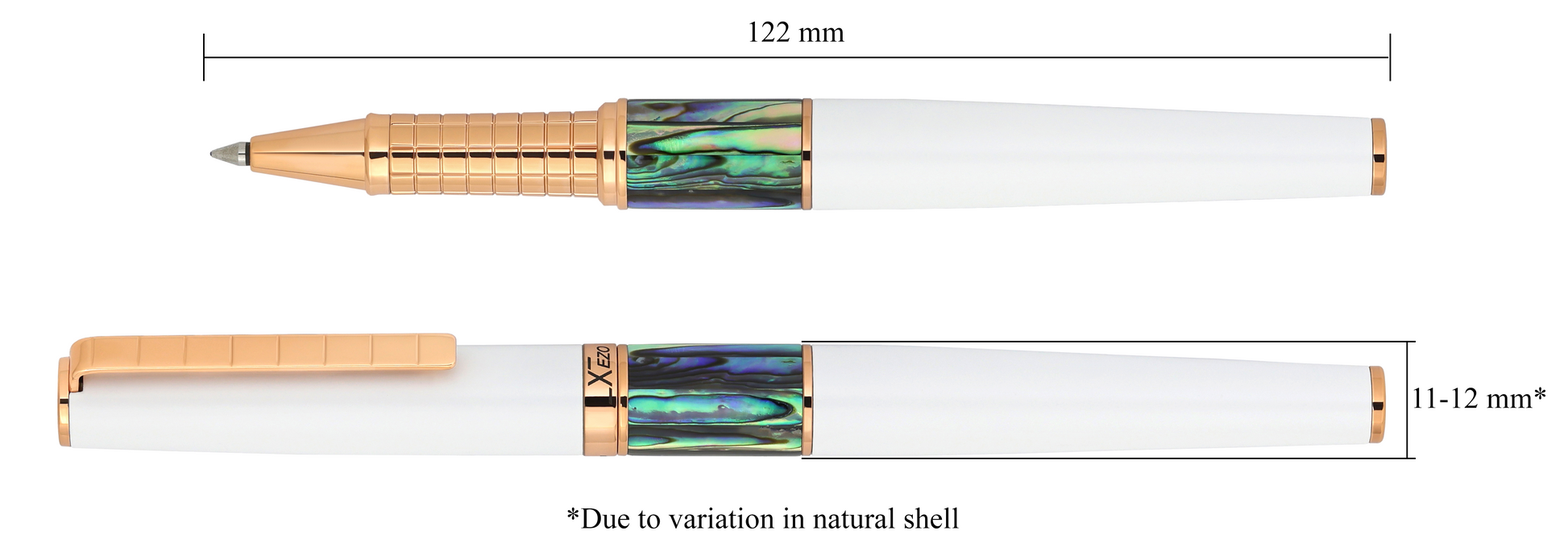 Xezo - Vertical view of two Speed Master White R-ARG Rollerball pens; the one on the left is capped, and the one on the right is uncapped; Length is labeled 122 mm, width is labeled 11-12mm (Due to variation in natural shell)