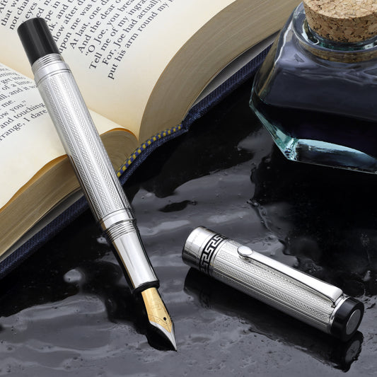 Tribune 925 Sterling Silver F Fountain pen with a book