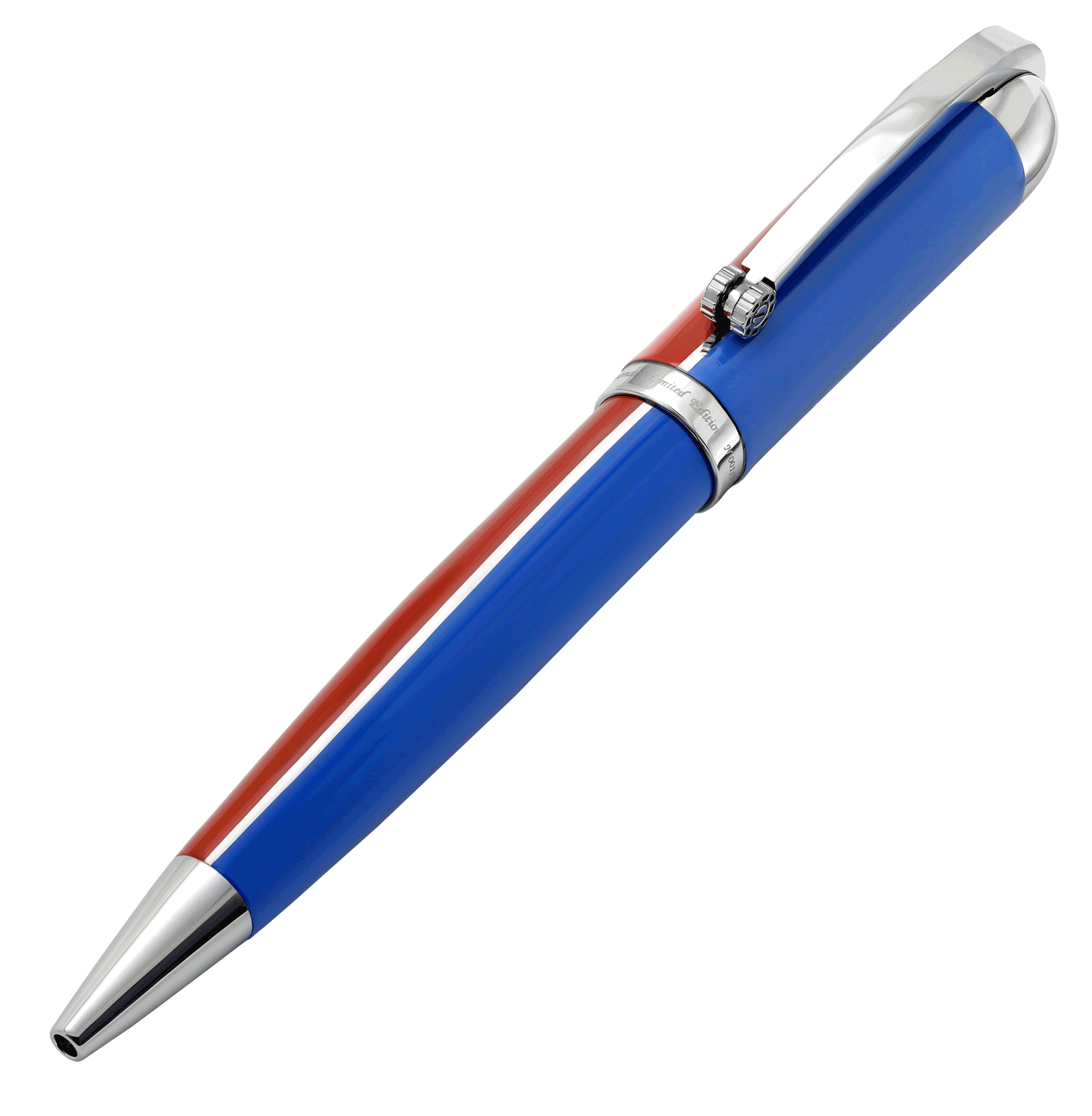 Xezo - Angled 3D view of the front of the Visionary Red/Blue B Ballpoint pen