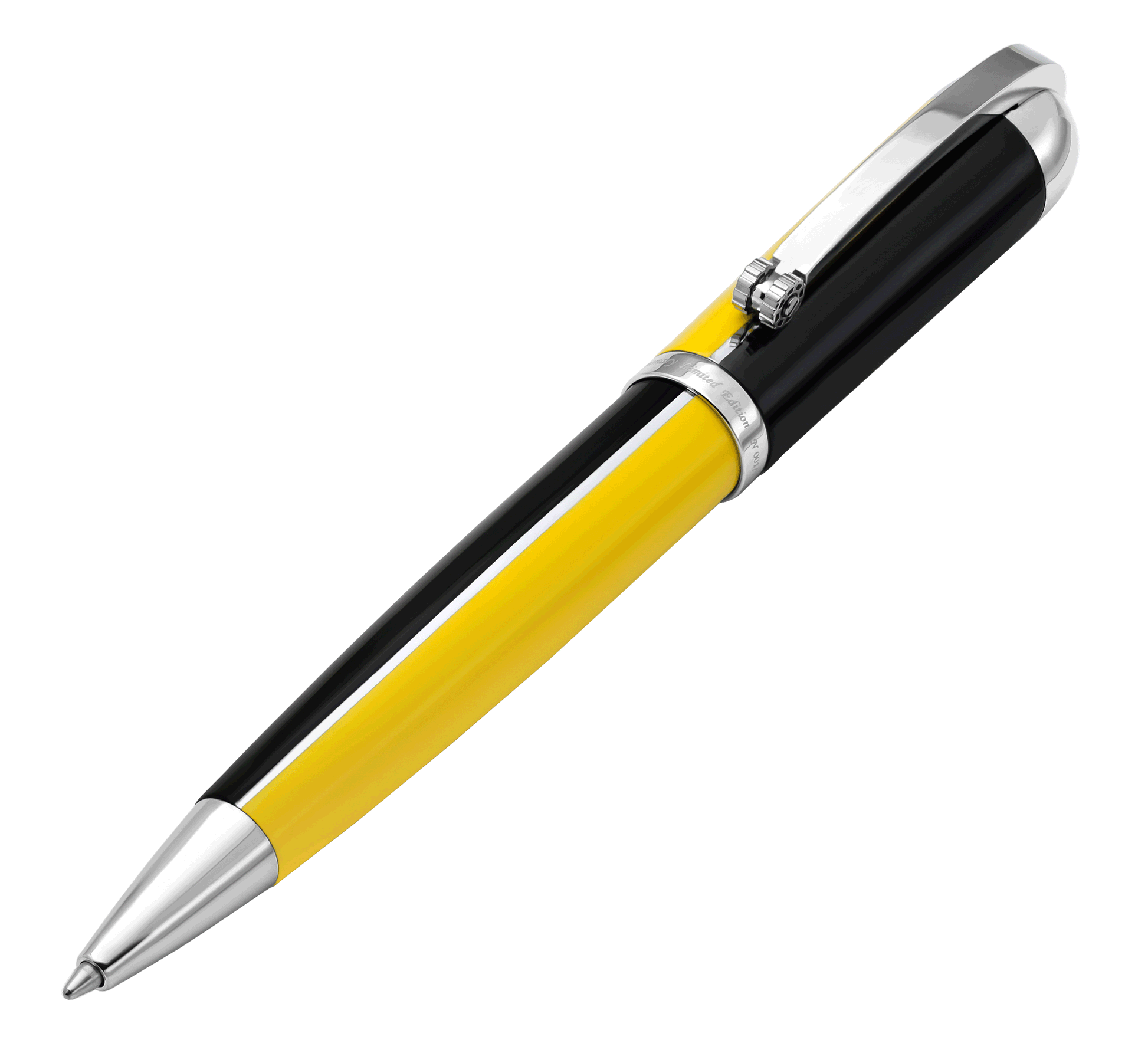 Xezo - Angled 3D view of the front of the Visionary Speed Yellow/Black B Ballpoint pen