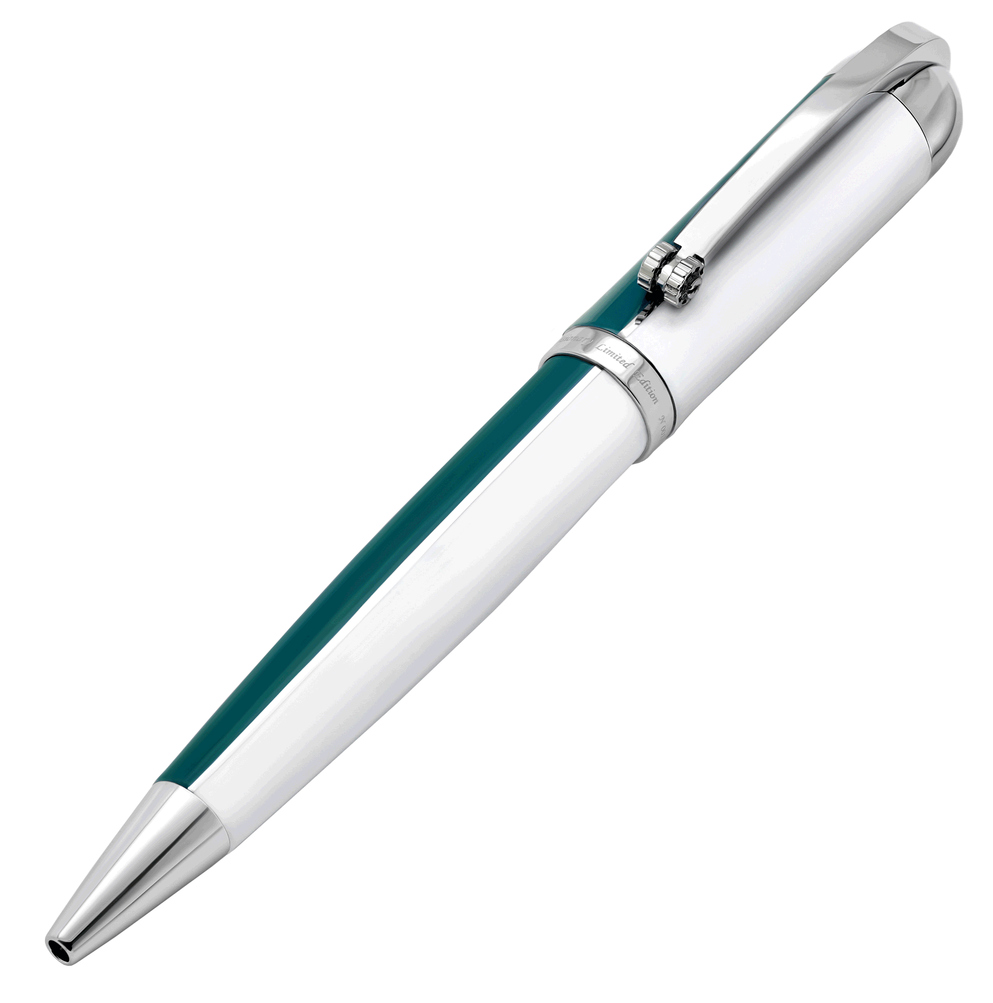 Xezo - Angled 3D view of the front of the Visionary Teal Green/White B Ballpoint pen