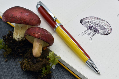 Visionary Aspen/Red B Ballpoint pen with whimsical red mushrooms and sketchbook